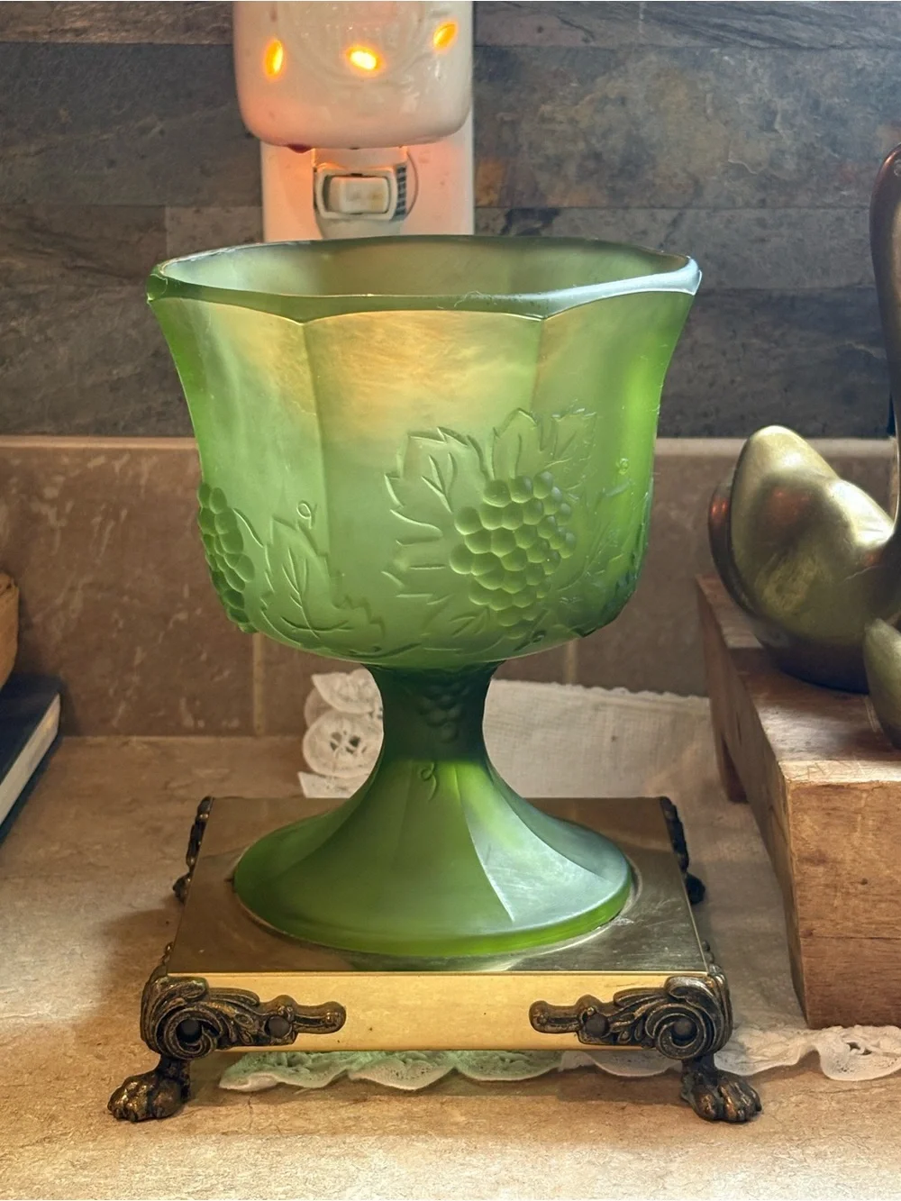 VTG OLIVE GREEN Glass Pedestal Compote with Grape Vine Motif ~ Brass Ornate Base